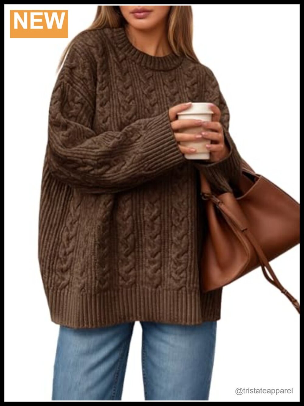 Oversized Cable Knit Sweater Women Crew Neck Chunky Long Sleeve Pullover Fall